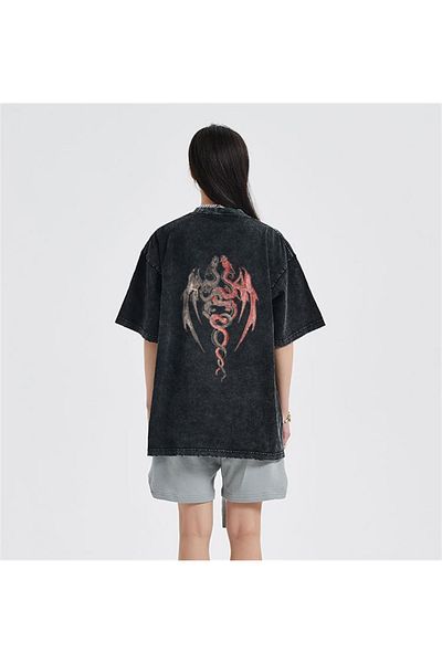 Touz Twin Dragon Back Printed Unisex Vintage T-shirt