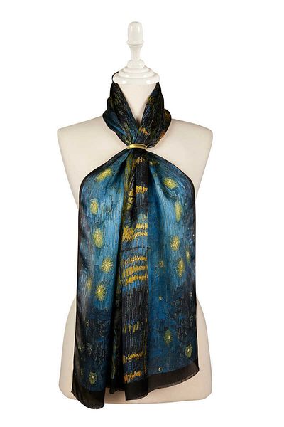 Bursa İpek Navy Blue Starry Nights Silk Painting Scarf