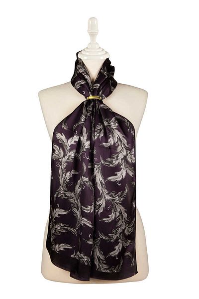 Bursa İpek Dark Plum Leaf Pattern Silk Scarf