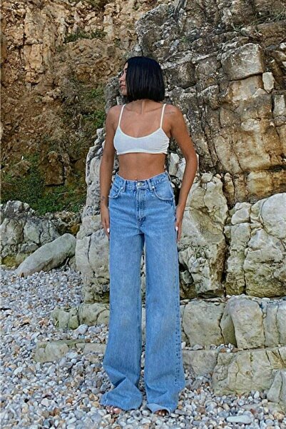 Fit the Shop Blugi din denim cu picioare late, cu talie super înaltă, albastr...