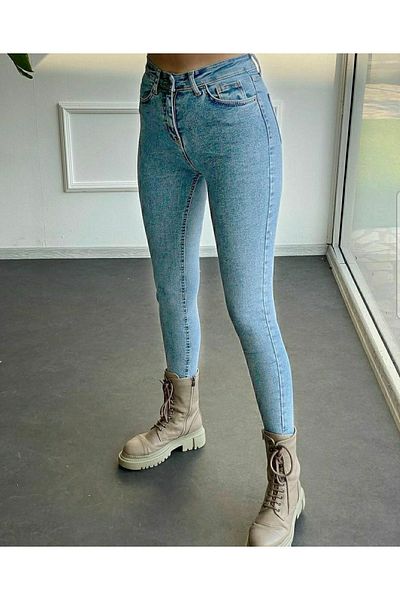 Livik Nadia, albastru deschis, spălat cu zăpadă, talie înălțată, lungime încheietură, picior subțire, blugi skinny din lycra