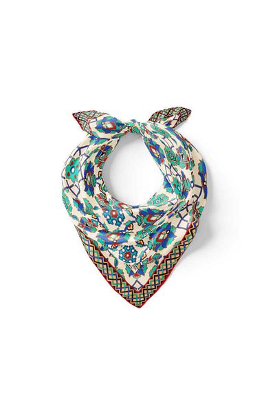 Bursa İpek Ecru Turquoise Motif Pattern Silk Handkerchief