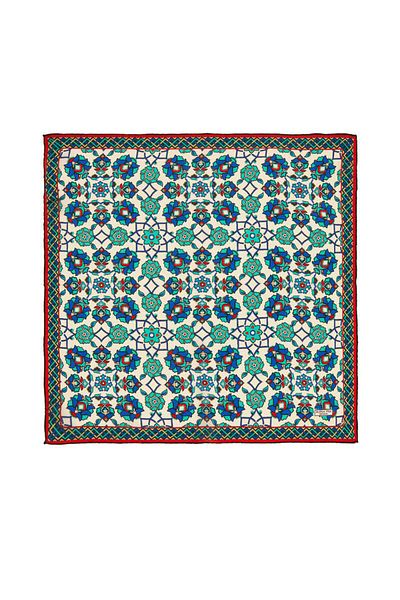 Bursa İpek Ecru Green Motif Pattern Silk Handkerchief