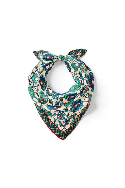 Bursa İpek Ecru Green Motif Pattern Silk Handkerchief