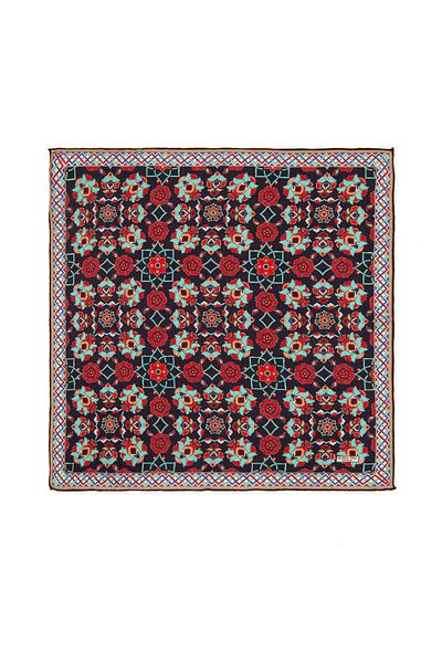Bursa İpek Navy Blue Gold Motif Pattern Silk Handkerchief