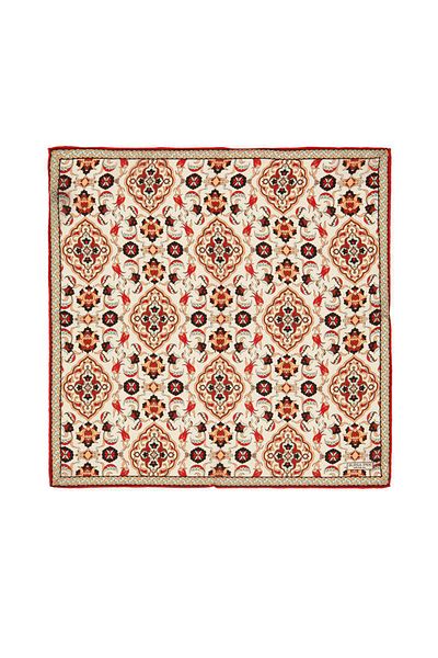 Bursa İpek Ecru Tan Tile Tulip Pattern Silk Handkerchief