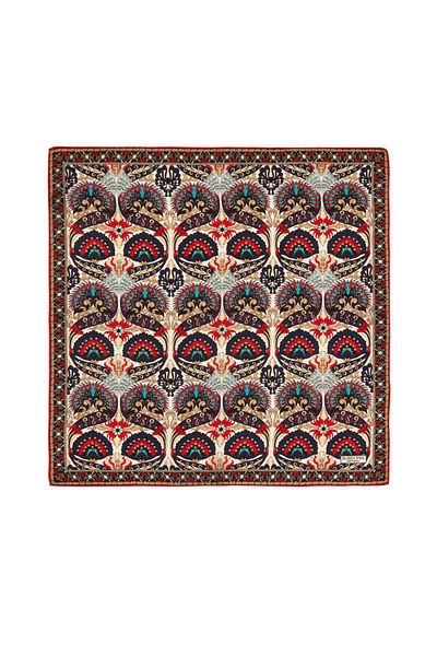 Bursa İpek Ecru Navy Blue Peacock Pattern Silk Handkerchief
