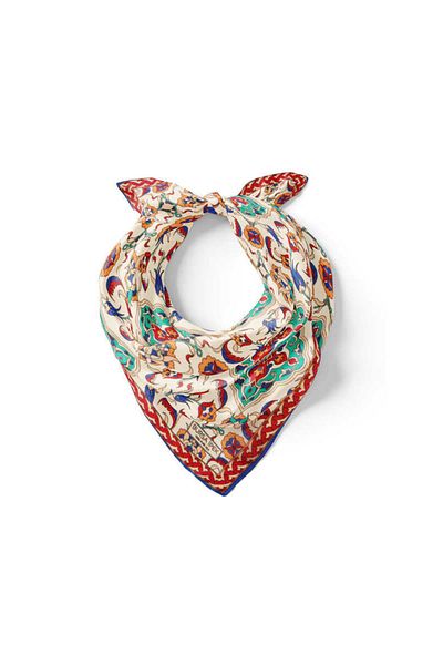 Bursa İpek Ecru Turquoise Tile Tulip Pattern Silk Handkerchief