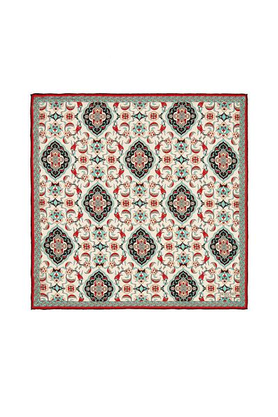 Bursa İpek Ecru Black Tile Tulip Pattern Silk Handkerchief