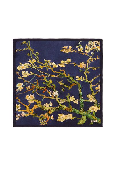 Bursa İpek Navy Blue Silk Handkerchief - Almond Flower Design