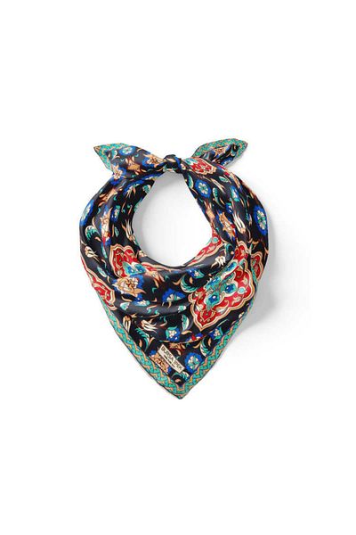 Bursa İpek Navy Blue Red Tile Tulip Pattern Silk Handkerchief