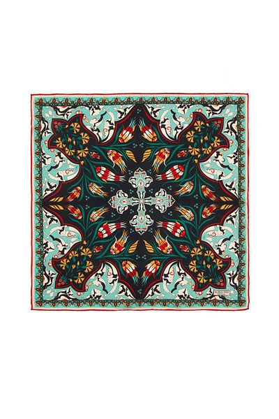 Bursa İpek Black Turquoise Carnation Tulip Pattern Silk Handkerchief