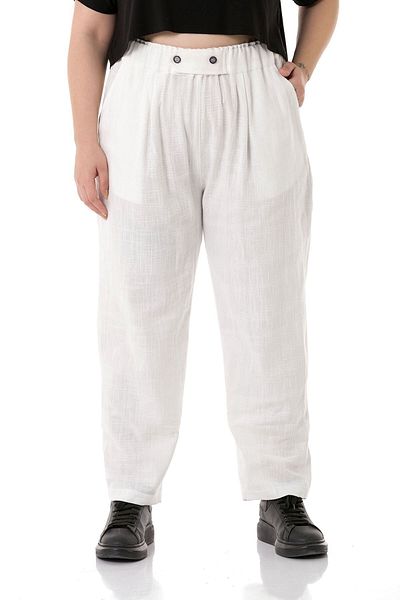 DISENTIS MODEST Pantaloni albi de pânză de mărime mare, cu buzunare frontale plisate și plăcuțe ornamentale