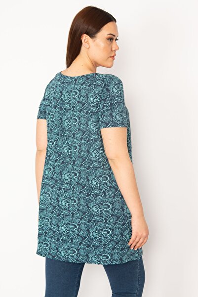 Şans Women's Large Size Green Collar Gipe Rubber and Pocket Detailed Tunic 65n32938