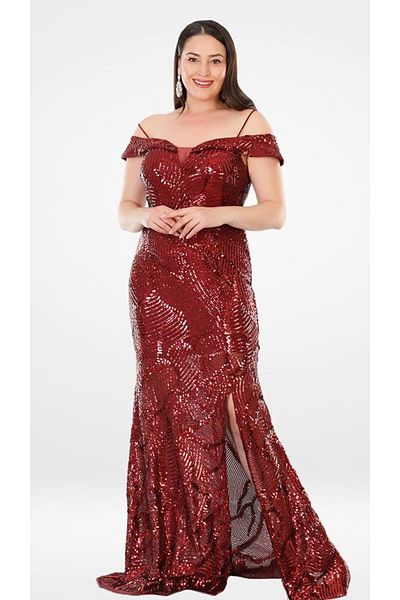 dükkan10butika Women's Plus Size Slit Sequin Embroidered Long Evening Dress Red