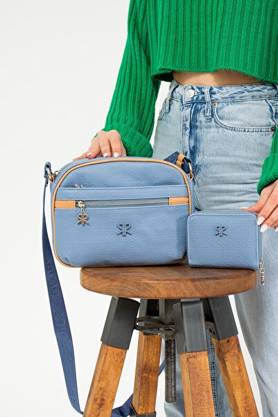 ImPolo Esta Nora Blue Camel Geantă combinată pentru femei și portofel 21x27 Portofel 10x13 Dimensiuni