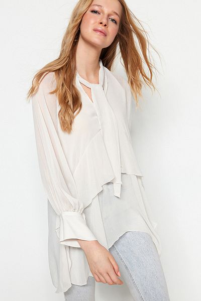 Trendyol Collection Μπεζ υφασμένη γραβάτα Λεπτομερής Μπλούζα TWOSS23BZ00731