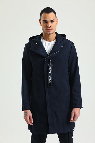 Cekmon Men's Regular Fit Hooded Zippered Pocket Winter Unlined Wool Long Stamp Coat