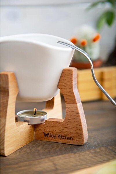 JOY KİTCHEN Ahşap Fondü Seti Renkli Seramik Kaseli Ahşap Standlı Fondü Seti Beyaz