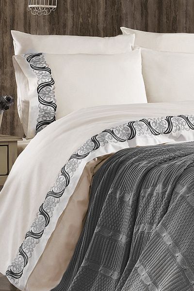 Minelya Home Collection Σετ κρεβατιού 7 τεμαχίων πλεκτό κεντημένο Meyra βαμβακερό διπλό γκρι παπλωματοθήκη