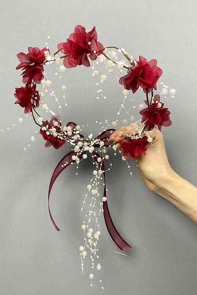 Hobigram Coroana de domnisoara de onoare cu design special, coroana de fotografiere exterioara cu trandafiri laser burgundy cu perle