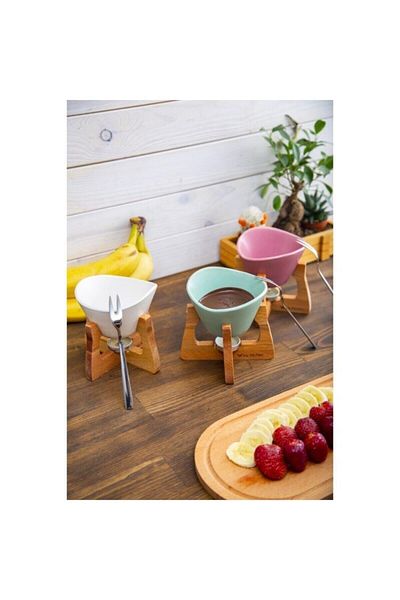 JOY KİTCHEN Wooden Fondue Set Colorful Ceramic Bowl Wooden Stand Fondue Set 3 Pieces 3 Colors