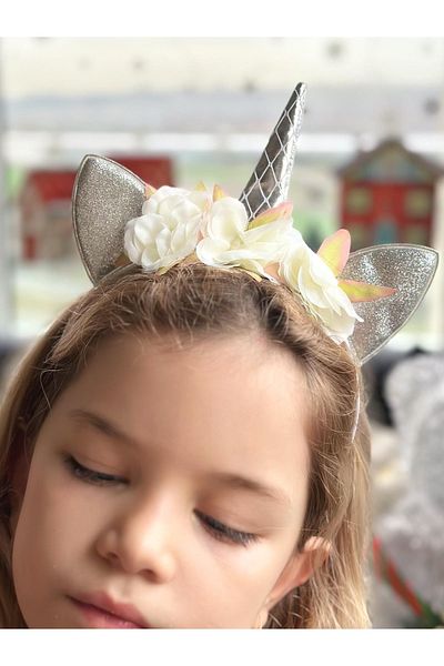 QUEEN AKSESUAR Silver Gray Glitter Floral Horned Unicorn Crown Birthday Special Day Children's Crown