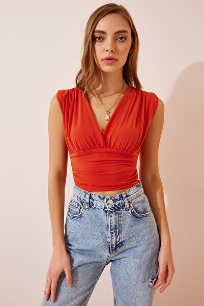 Happiness İstanbul Női narancssárga, mély V-nyakú, kötött blúz BF00039