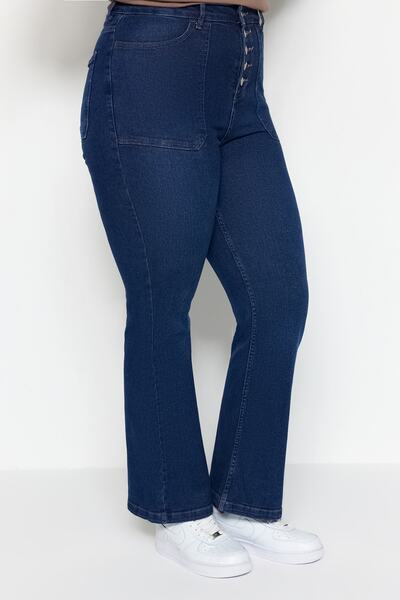 Trendyol Curve Blugi confort cu talie înaltă albastru închis Flare Fit TBBAW23CJ00033