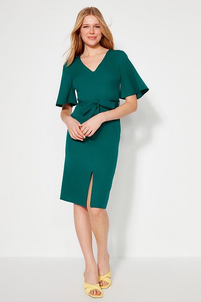 Trendyol Collection Σμαραγδένιο Πράσινο Ζώνη Φόρεμα Μίντι Εφαρμοσμένο με Σχιστό Υφαντό TOFAW19BB0167