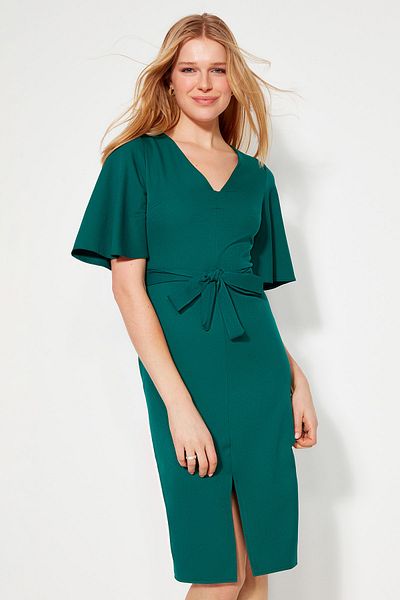 Trendyol Collection Σμαραγδένιο Πράσινο Ζώνη Φόρεμα Μίντι Εφαρμοσμένο με Σχιστό Υφαντό TOFAW19BB0167