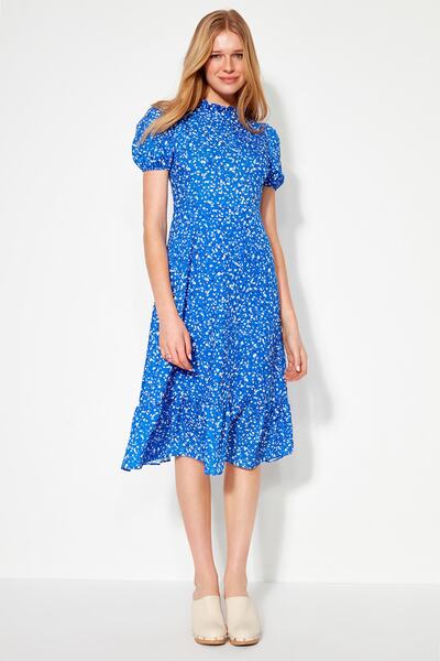 Trendyol Collection Синя ткана сукня міді А-силуету з квітковим візерунком на підкладці TWOSS20EL0894