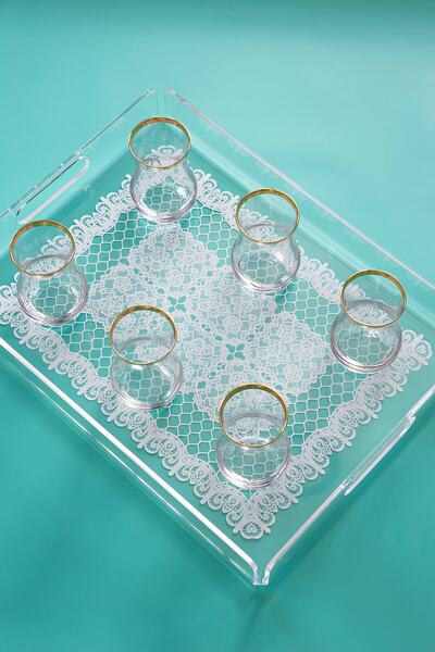 Queen Bee İstanbul Lace Patterned Plexiglass Tray Large Size - 40cmx30cm