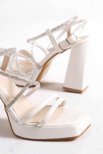 RİVONNA Cross Wrapped Stoned Women's Platform Pearl Color Shoes