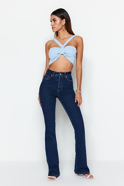 Trendyol Collection Albastru închis Super talie înaltă Confort/Flexibil blugi evazați TWOSS23JE00064
