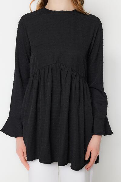 Trendyol Modest Black Flounced Pompom Fabric Cotton Tunic TCTSS23UK00024