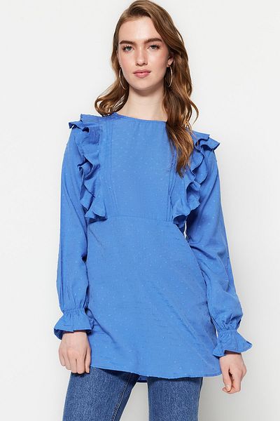 Trendyol Modest Tunica din bumbac din țesătură cu pompon albastru TCTSS23UK00025
