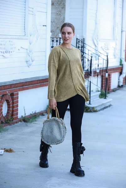 Sosyete Kaplumbağa Authentic 100% Cotton Knitwear O-Neck Asymmetrical Sweater