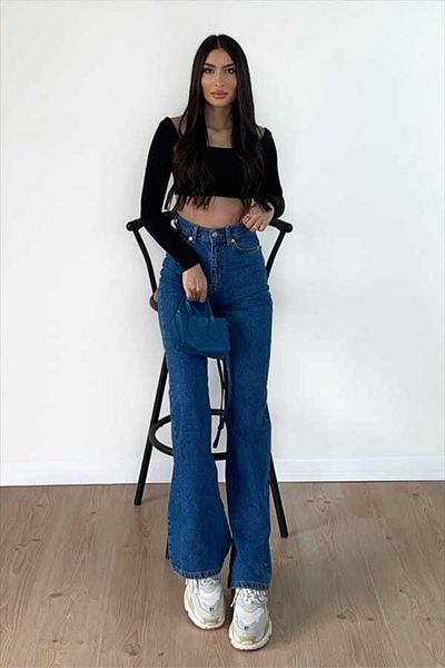 DRC trend Blugi largi din Lycra pentru femei, albaștri, anii 90, cu picioare largi, pantaloni Palazzo