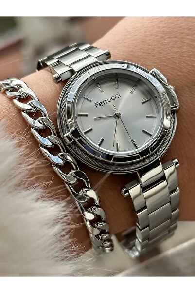 Ferrucci Steel Cord Waterproof Silver Color Women's Wristwatch+bracelet