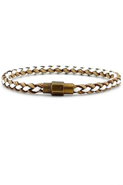 Solfera White Tan Cable Leather Braided Hexagonal Clip Men's Bracelet M042c