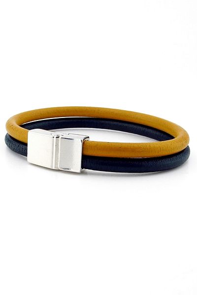 Solfera Yellow Navy Blue Real Leather Two Rows Metal Men's Bracelet M016m