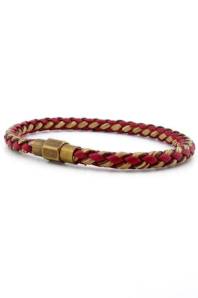 Solfera Red Tan Cable Leather Braided Hexagonal Clip Men's Bracelet M042a