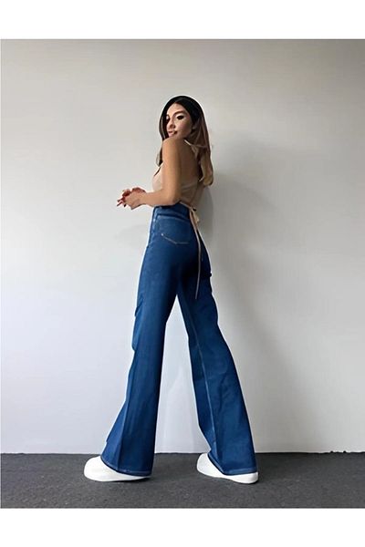 DRC trend Pantaloni Palazzo de blugi largi din lycra, anii 90, super înalți, cu picioare largi, Victoria Blue