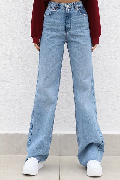 DRC trend Kopitaiva Anii 90 Snow Wash Blue Lycra Blugi largi cu talie super înaltă Pantaloni Palazzo
