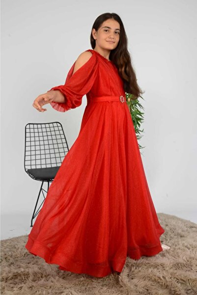 RAMON&ARTOS Omuz Koldan Açıklı Hayal Tül Fırfırlı Broş Toka Detaylı Mezuniyet Prenses Model Abiye