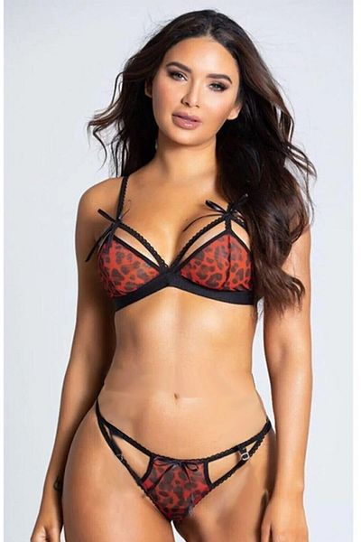 Qvien Secret Women's Red Leopard Pattern Fancy Bra Panty Set