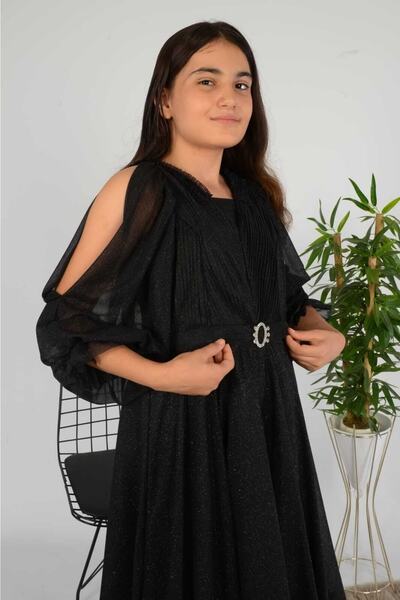 RAMON&ARTOS Omuz Koldan Açıklı Hayal Tül Fırfırlı Broş Toka Detaylı Mezuniyet Prenses Model Abiye