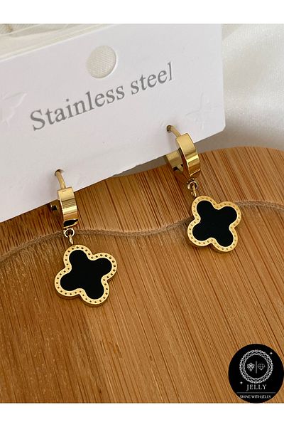 JELLY Women's Steel Gold Color Black Enamel Clover Brand Model Dangle Earrings