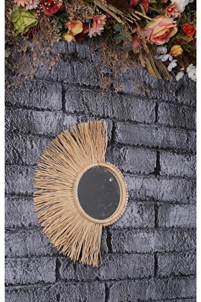 bh bohem handmade Dekoratif Ayna Yelpaze Rafya Ayna Boncuklu Duvar Süsü Yel0001